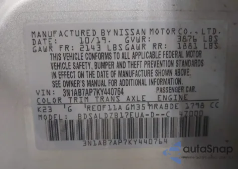 2019 Nissan Sentra Sv from USA, damaged, VIN 3N1AB7AP7KY440764